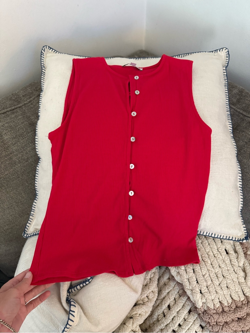 Red Button-Front Ribbed tank top